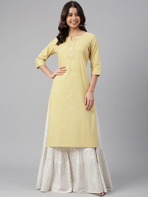 Janasya Yellow Cotton Printed Straight Kurta