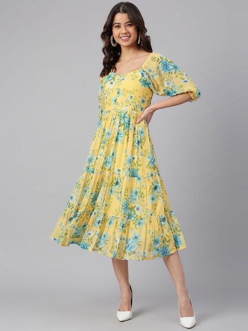 Janasya Yellow Floral Print A-Line Dress Price in India