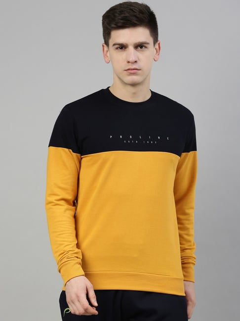 Proline Yellow & Black Cotton Comfort Fit Colour Block SweatShirt