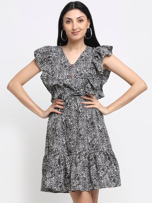 NEUDIS White & Black Printed Fit & Flare Dress Price in India