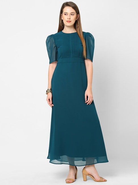 MISH Teal Round Neck Fit & Flare Dress Price in India