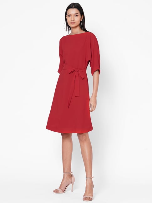 MISH Red Boat Neck Fit & Flare Dress Price in India