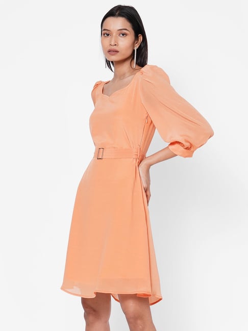 MISH Peach Above Knee Fit & Flare Dress Price in India
