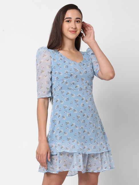 MISH Blue Printed Fit & Flare Dress Price in India