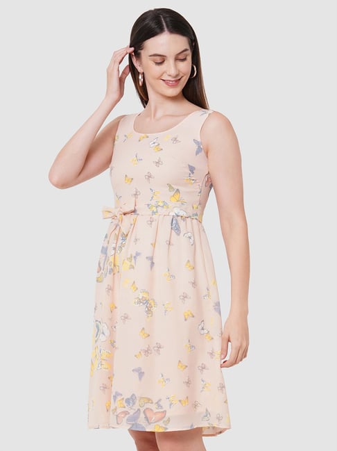 MISH Nude Pink Printed Fit & Flare Dress Price in India
