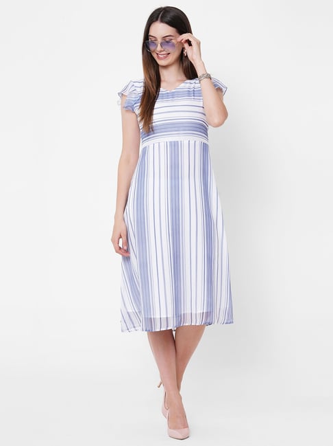 MISH White & Blue Striped Fit & Flare Dress Price in India