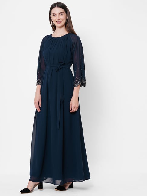 MISH Navy Embellished A Line Dress Price in India