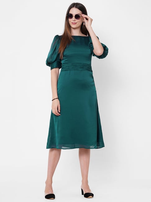 MISH Green Boat Neck A Line Dress Price in India