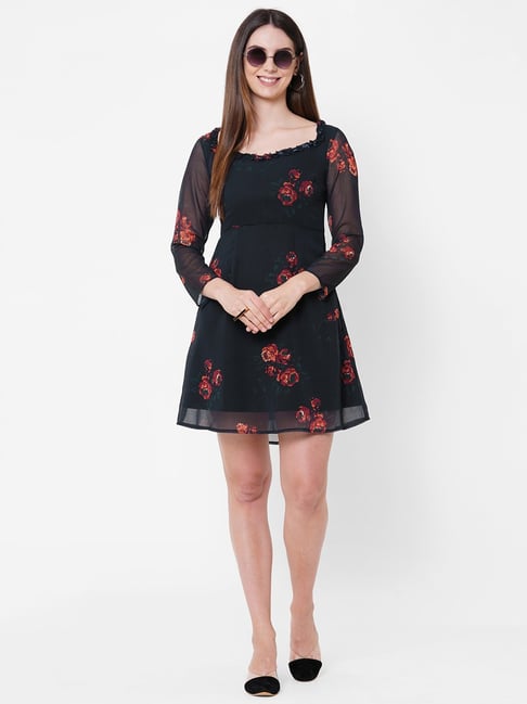 MISH Black Printed Fit & Flare Dress Price in India
