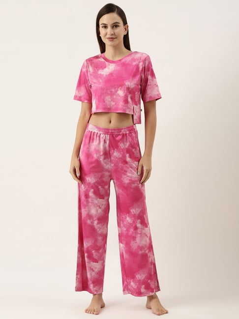 Buy Bannos Swagger Pink Tie Dye Crop Top with Pyjamas for Women