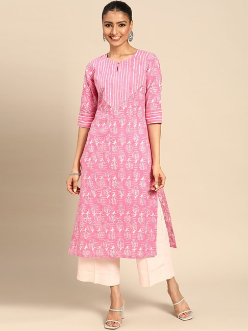 Gerua Pink Cotton Floral Print Straight Kurta Price in India