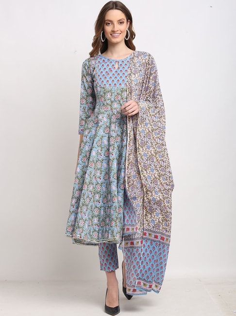 Rajnandini Blue Pure Cambric Cotton Floral Print Kurta Pant Set With Dupatta Price in India