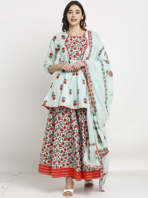 Buy Sera Blue Cotton Printed Kurti Skirt Set for Women Online @ Tata CLiQ