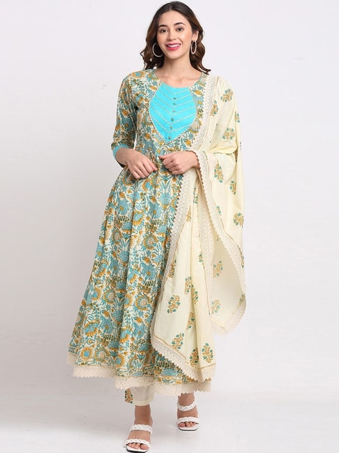 Rajnandini Beige & Blue Pure Cambric Cotton Floral Print Kurta Pant Set With Dupatta Price in India