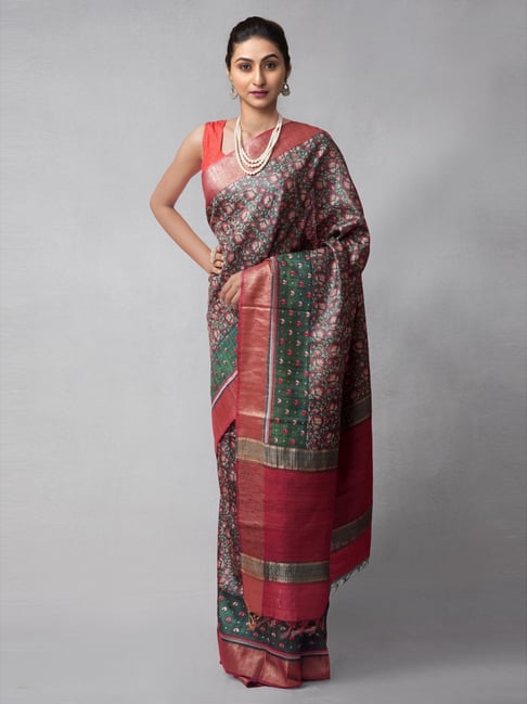 Unnati Silks Red & Green Silk Katha Embroidered Saree With Unstitched Blouse Price in India