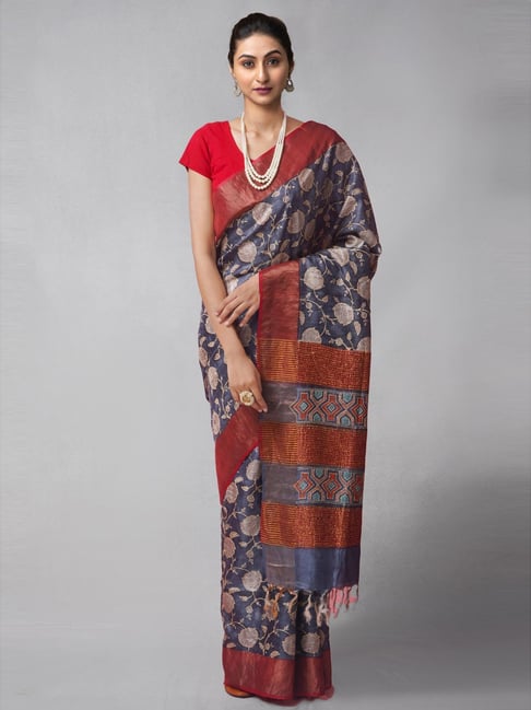 Unnati Silks Grey Silk Katha Embroidered Saree With Unstitched Blouse Price in India