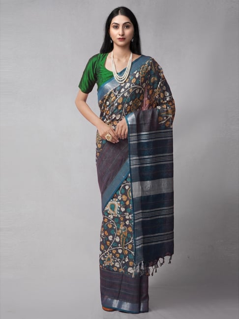 Unnati Silks Grey Cotton Katha Embroidered Saree With Unstitched Blouse Price in India