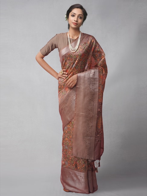 Unnati Silks Brown Silk Cotton Printed Saree With Unstitched Blouse Price in India