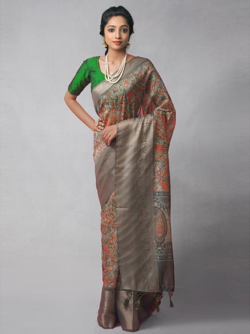 Unnati Silks Sage Green Silk Cotton Printed Saree With Unstitched Blouse Price in India