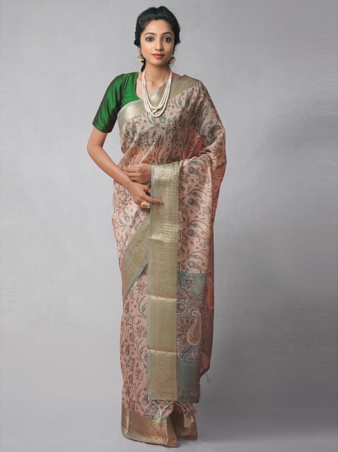 Unnati Silks Peach Silk Cotton Printed Saree With Unstitched Blouse Price in India