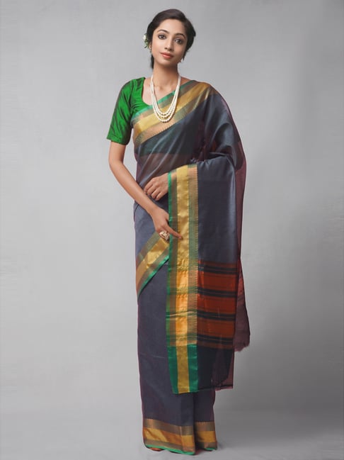 Unnati Silks Grey Silk Woven Saree With Unstitched Blouse Price in India