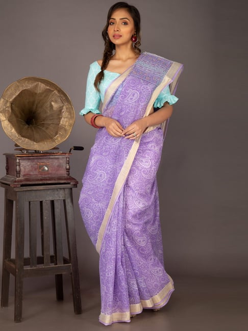 Unnati Silks Violet Silk Cotton Printed Saree With Unstitched Blouse Price in India