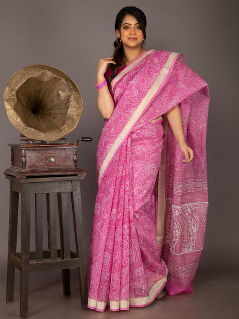 Unnati Silks Pink Silk Cotton Printed Saree With Unstitched Blouse Price in India