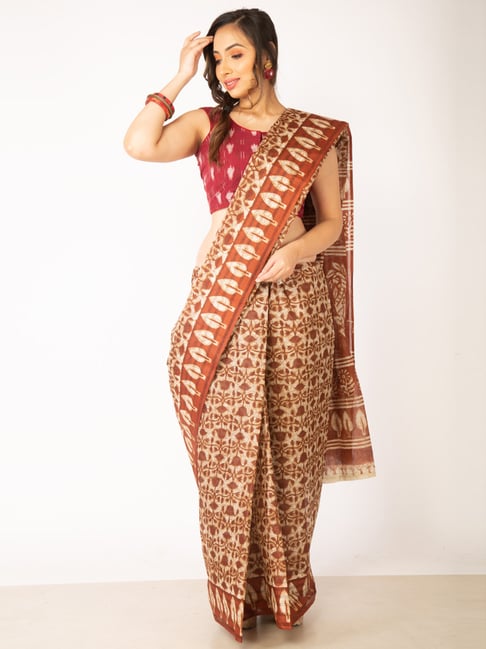 Unnati Silks Brown Cotton Printed Saree With Unstitched Blouse Price in India