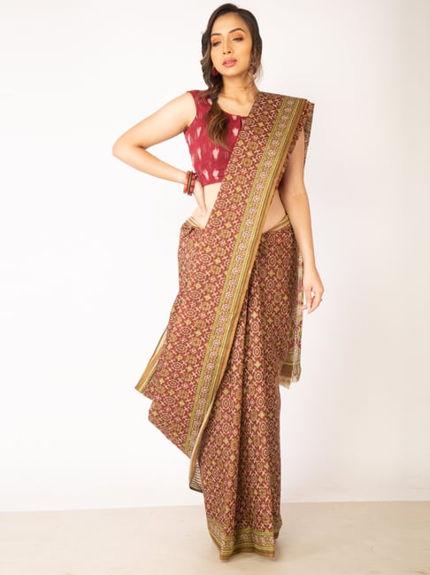 Unnati Silks Brown Cotton Printed Saree With Unstitched Blouse Price in India