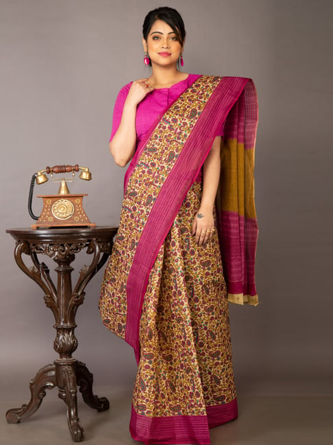 Unnati Silks Beige & Purple Cotton Printed Saree With Unstitched Blouse Price in India