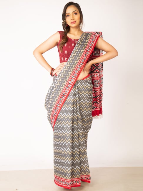 Unnati Silks Grey & Red Cotton Printed Saree With Unstitched Blouse Price in India