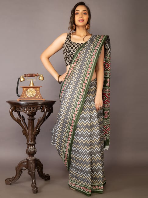 Unnati Silks Grey & Green Cotton Printed Saree With Unstitched Blouse Price in India