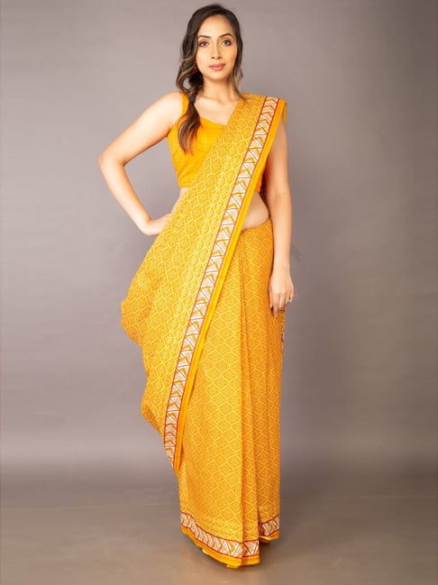 Unnati Silks Yellow Cotton Printed Saree With Unstitched Blouse Price in India