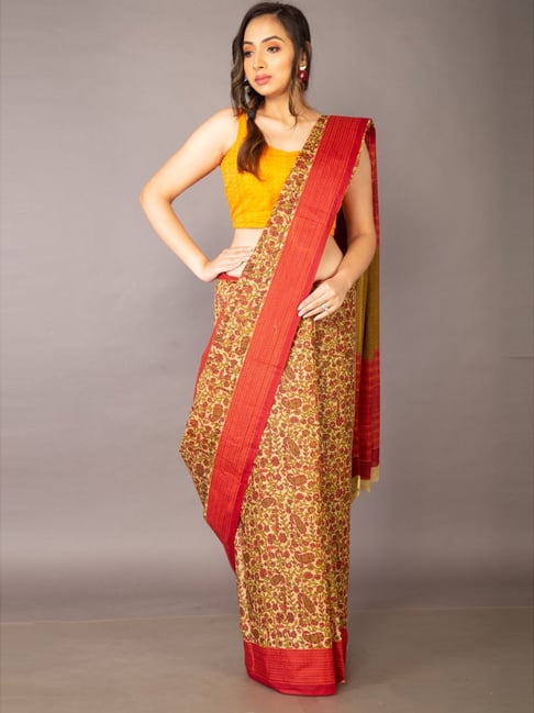 Unnati Silks Beige & Red Cotton Printed Saree With Unstitched Blouse Price in India