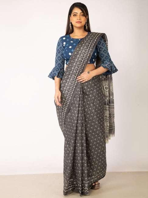 Unnati Silks Black Cotton Printed Saree With Unstitched Blouse Price in India
