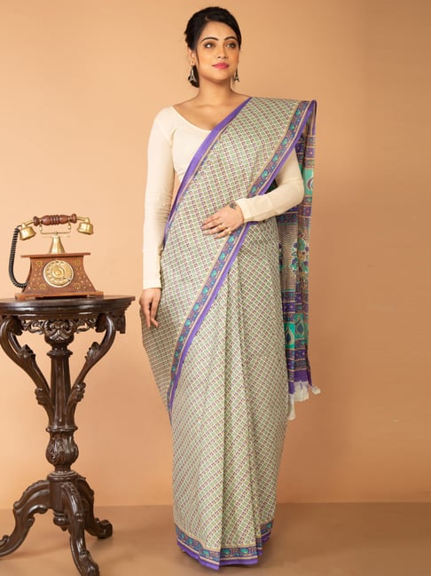 Unnati Silks Cream & Blue Cotton Printed Saree With Unstitched Blouse Price in India
