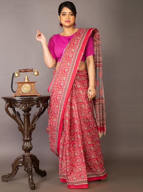 Unnati Silks Pink Cotton Printed Saree With Unstitched Blouse Price in India