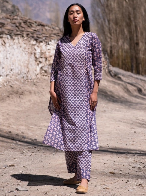 Okhai Noble Plum Purple Pure Cotton Hand Embroidered Kurta Pant Set Price in India