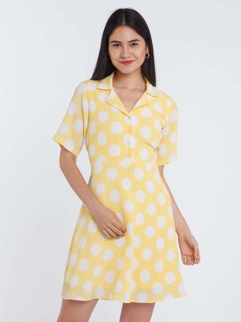 Buy Zink London Yellow White Polka Dot A-Line Dress for Women