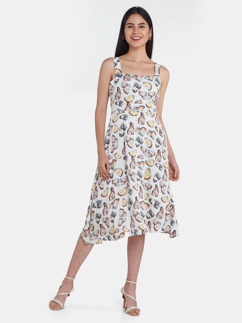 Zink London White Printed Fit & Flare Dress Price in India