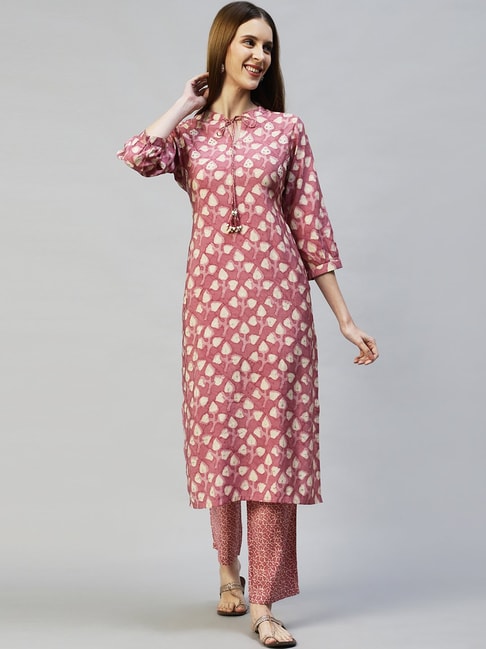 Fashor Pink & Cream Printed Kurta Pant Set Price in India