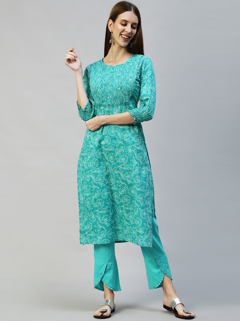 Fashor Turquoise Cotton Printed Kurta Pant Set Price in India