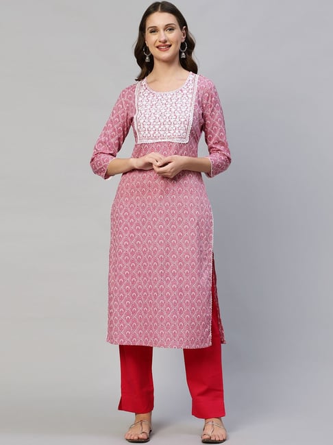 Fashor Pink Cotton Embroidered Straight Kurta Price in India