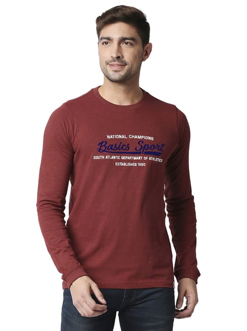 Basics Maroon Cotton Slim Fit Self Pattern T-Shirts