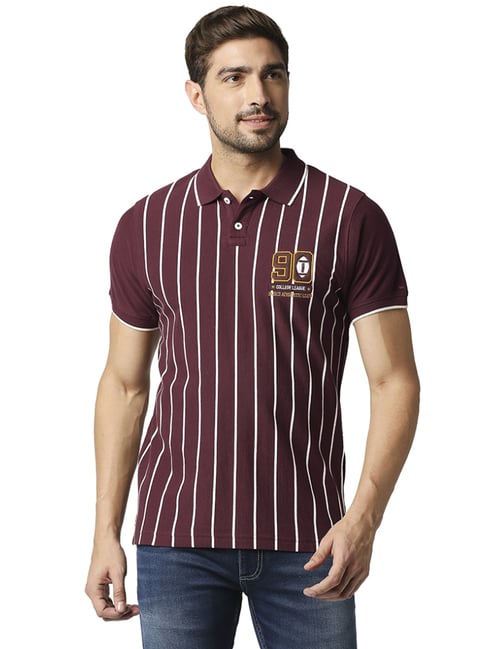 Basics Maroon Cotton Slim Fit Striped Polo T-Shirts