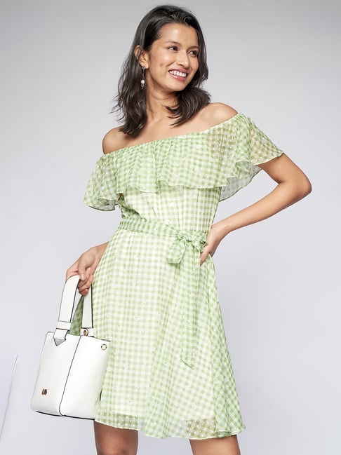 AND Sage Green Checks Skater Dress Price in India