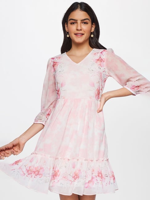 AND White & Pink Floral Print Fit & Flare Dress Price in India