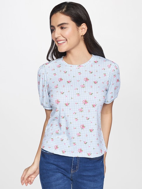 AND Sky Blue Floral Print Top Price in India
