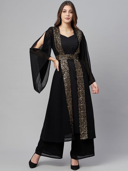 Cottinfab Georgette Black Embellished Double Layered Dress Palazzo Set