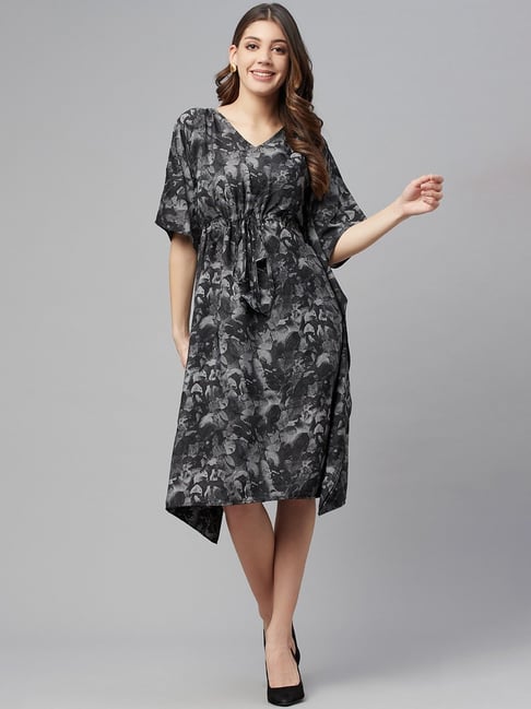 Cottinfab Black & Grey Printed A-Line Kaftan Dress Price in India